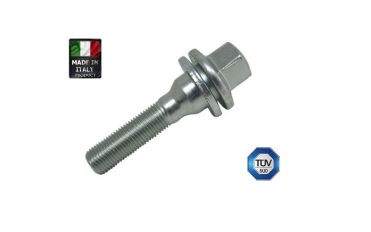 Śruba mocująca M12x1,25 Peugeot, gwint 50mm, płaska podkładka, ocynk, klucz 17 TUV